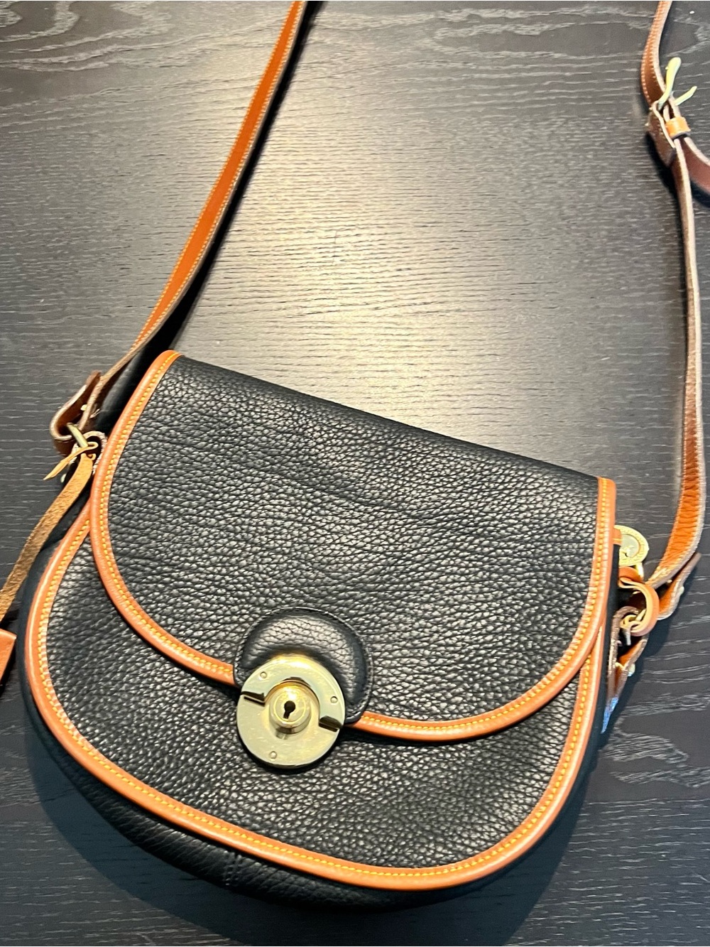 Vintage Dooney & Bourke Black Pebbled Leather Crossbody with Tan Trim